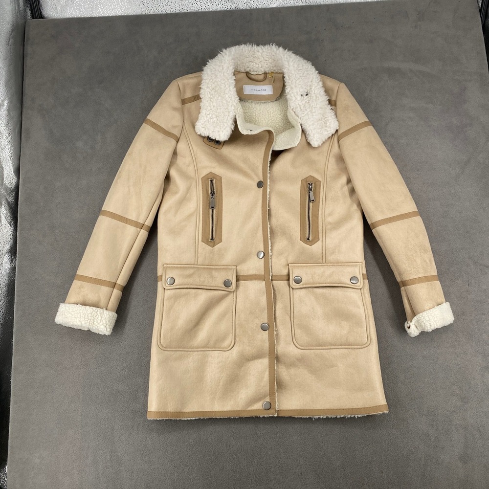T Tahari Tan Faux Suede Shearling Lined Coat Jacket Medium Tan Faux Fur Trim
